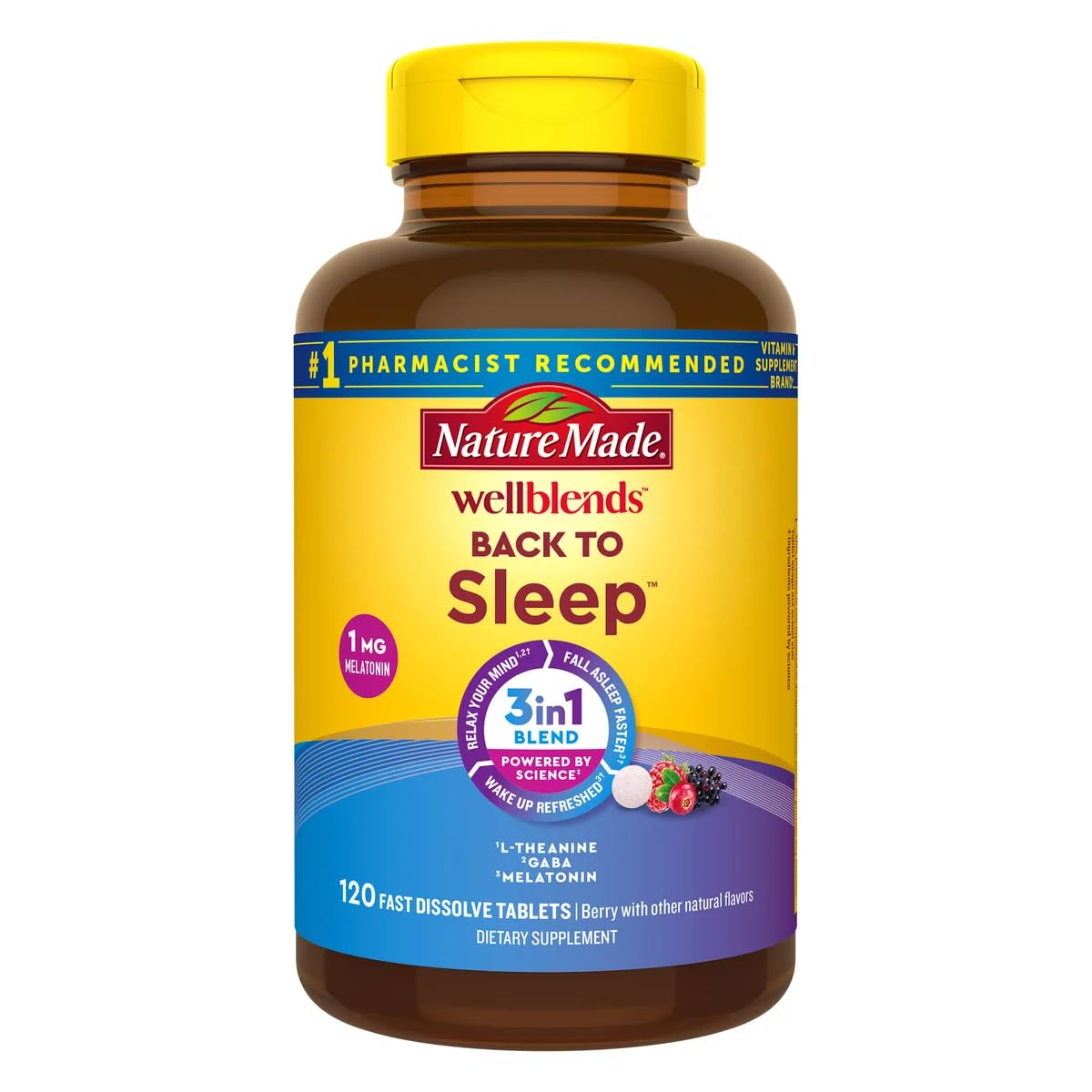 Close-up of Nature Made Wellblends Back to Sleep tablets with 1 mg melatonin and ingredients.