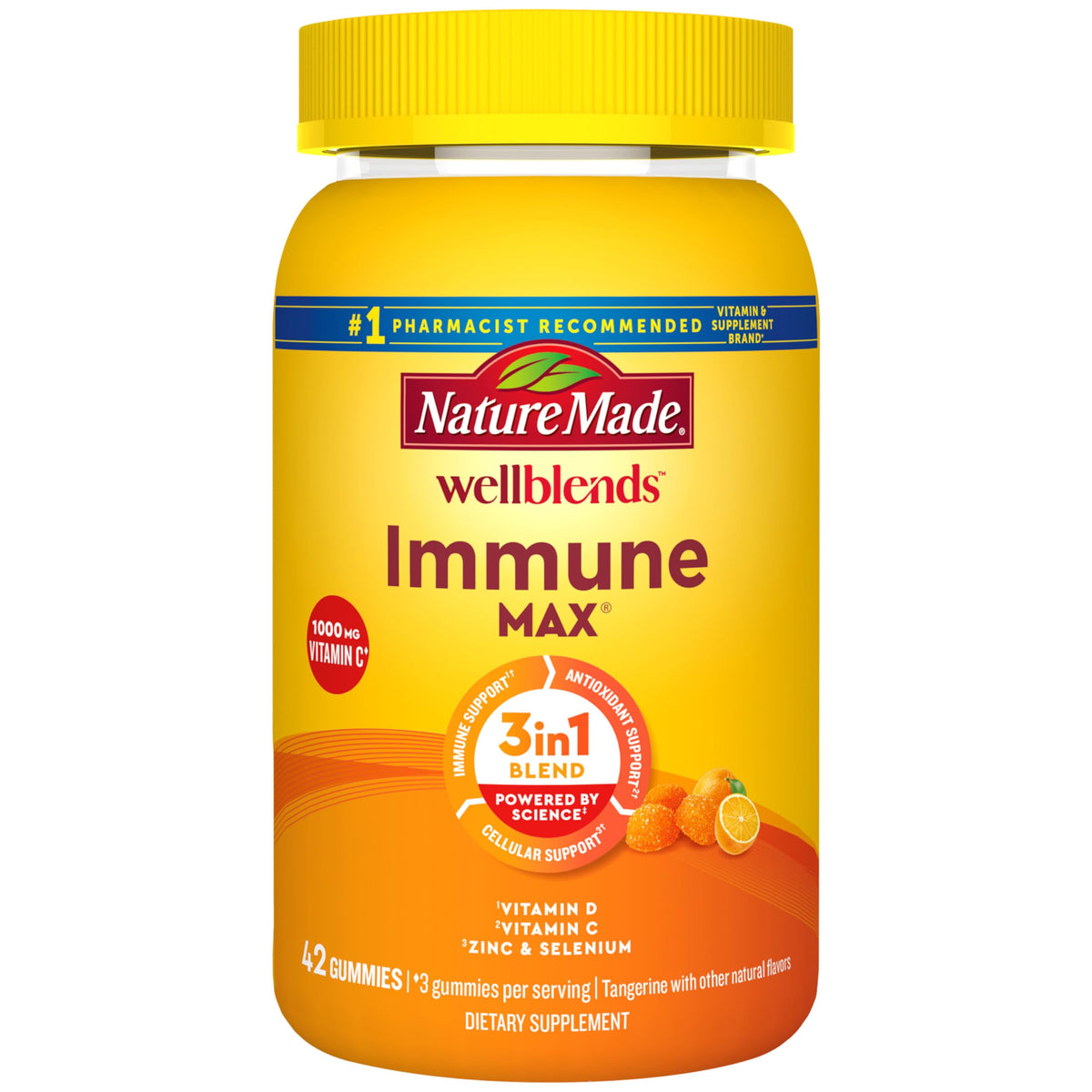 Nature Made Wellblends ImmuneMAX bottle with Tangerine gummies for daily immune support.
