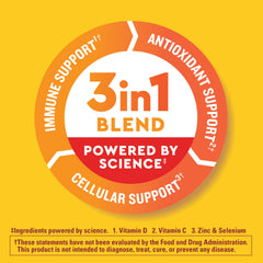 Close-up of ImmuneMAX gummies and label highlighting Vitamin C, D3, Zinc and Selenium.