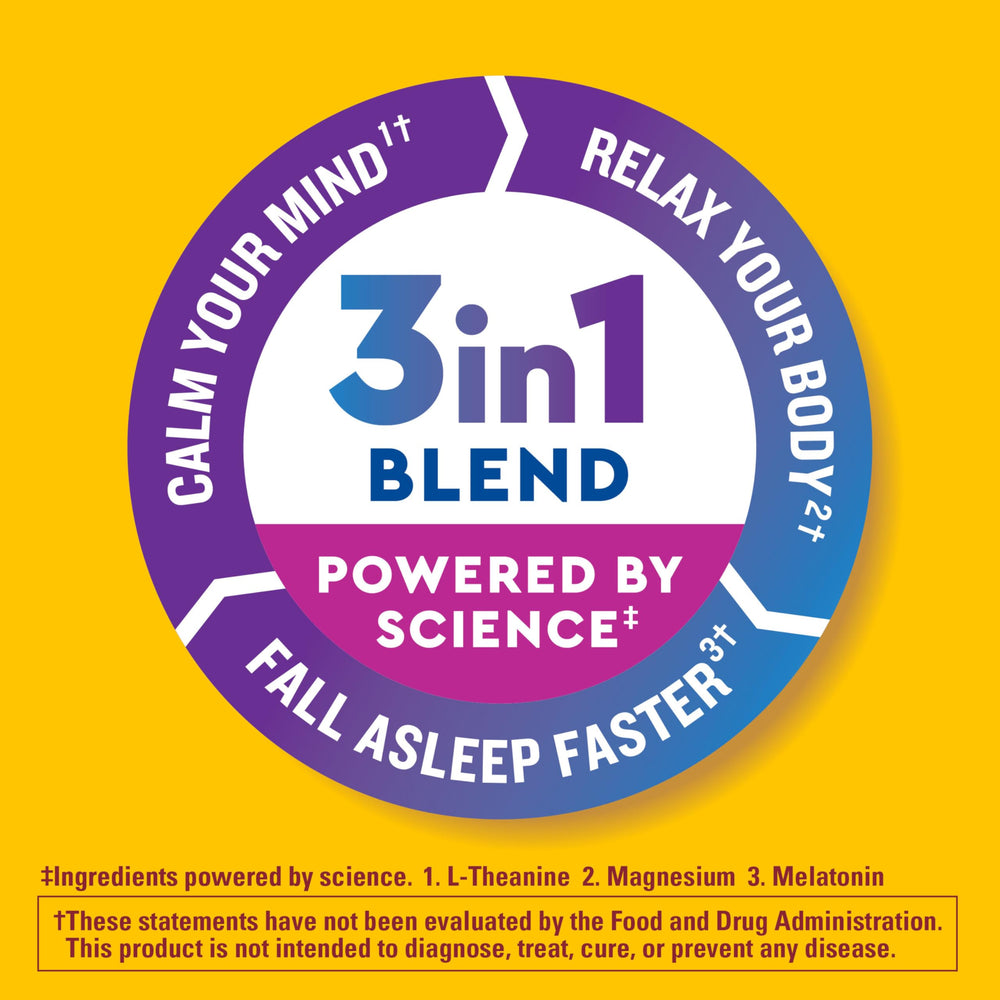Nature Made Wellblends bottle highlights the melatonin, L-theanine, and magnesium formula.