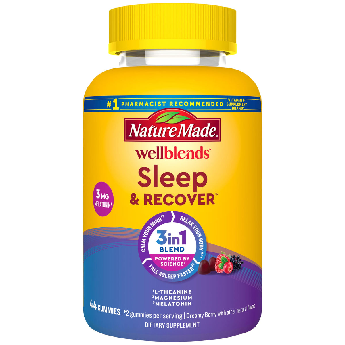Nature Made Wellblends Sleep and Recover package shows two-gummy serving.