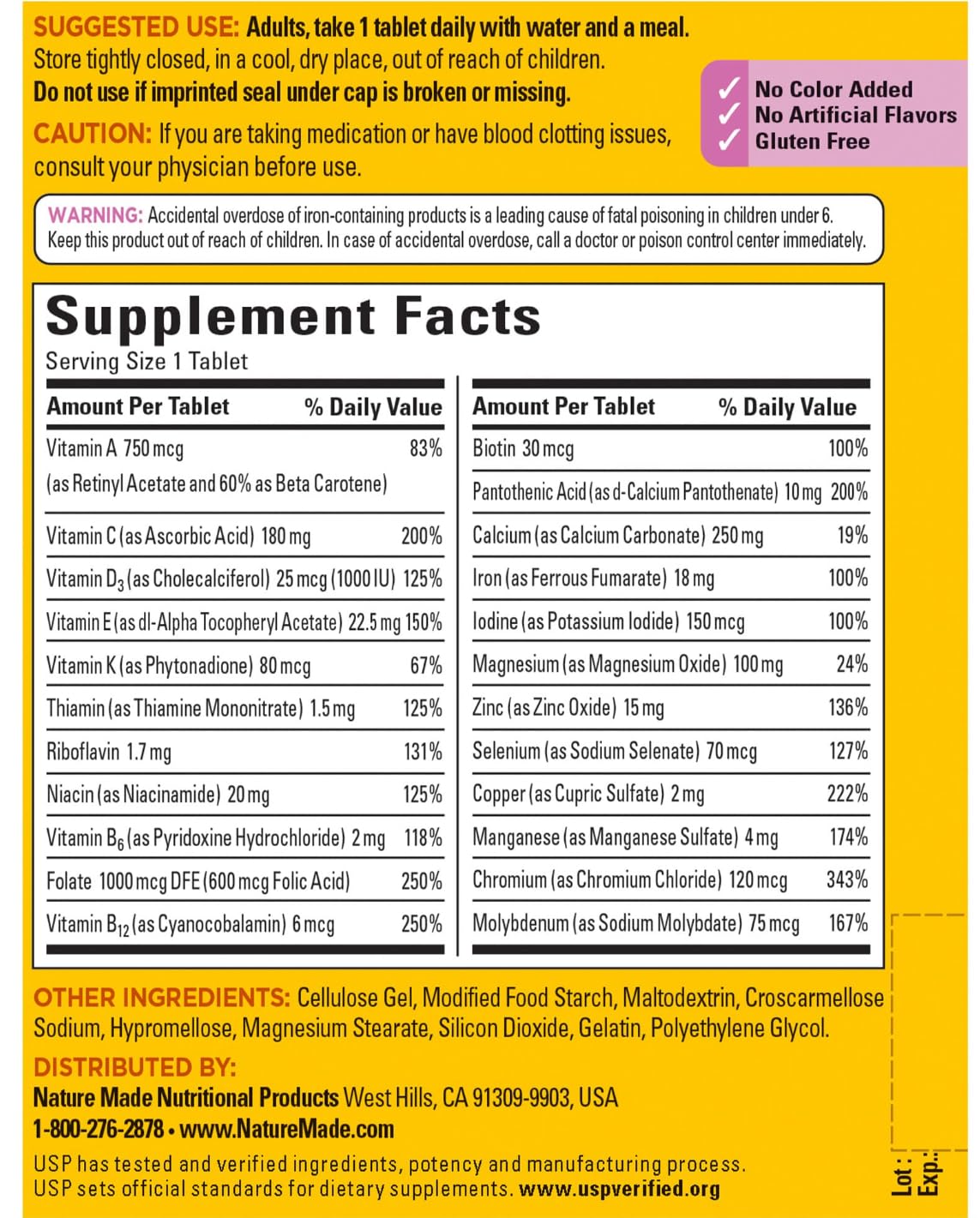 Nature Made Women's Multivitamin bottle back shows ingredient highlights for essential nutrients