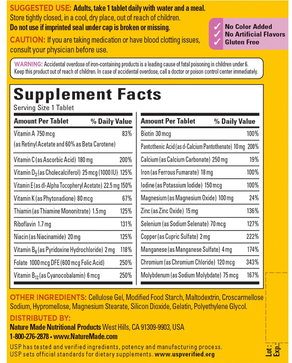 Nature Made Women's Multivitamin bottle back shows ingredient highlights for essential nutrients