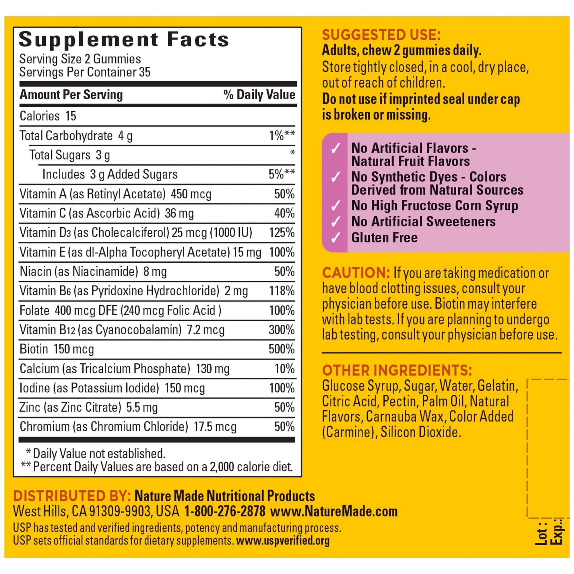 Nature Made gluten-free label on women's multivitamin gummies packaging