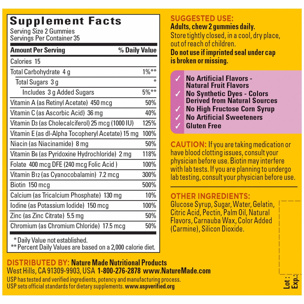 Nature Made gluten-free label on women's multivitamin gummies packaging