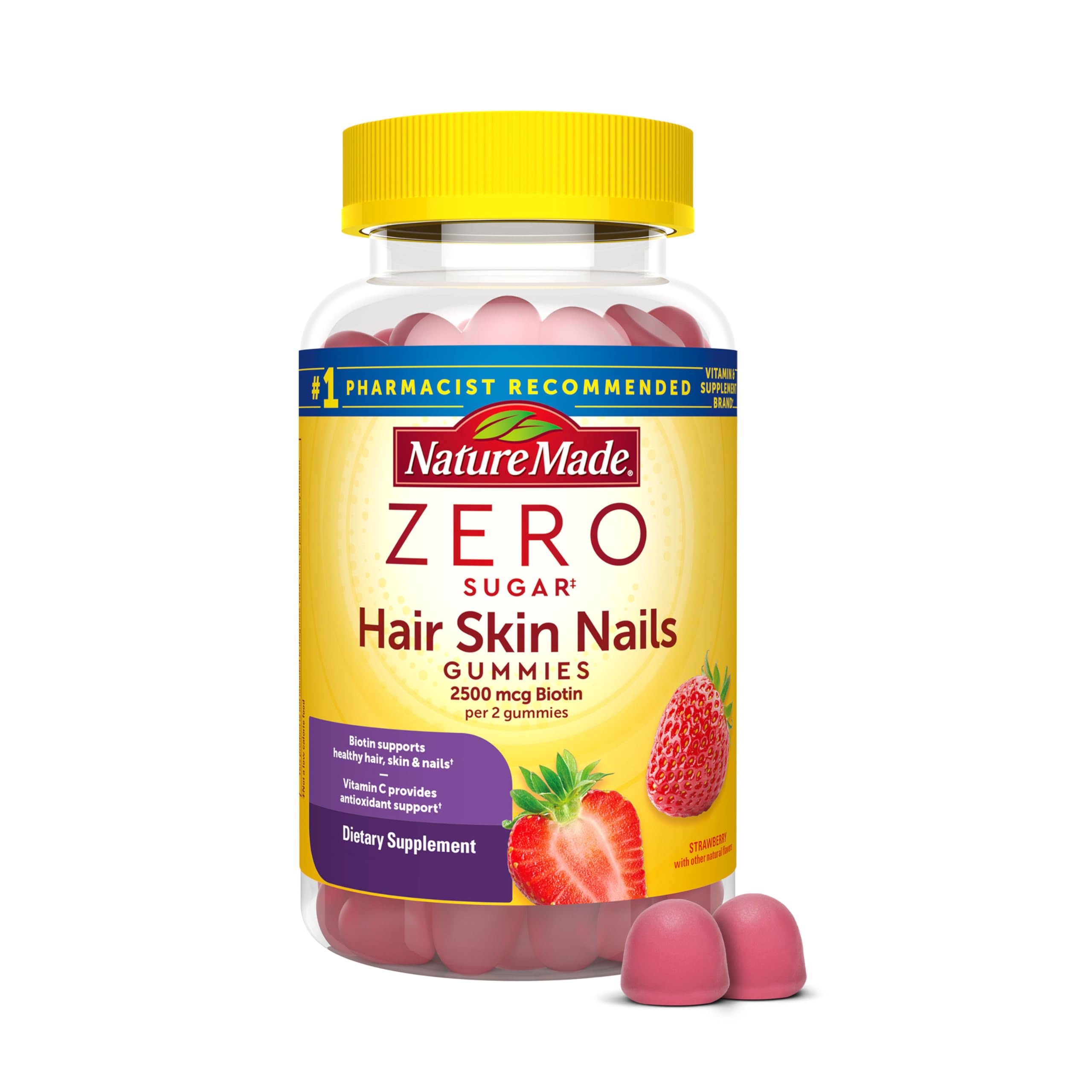 Nature Made Zero Sugar Hair Skin Nails Gummies bottle showing Biotin 2500 mcg per serving.