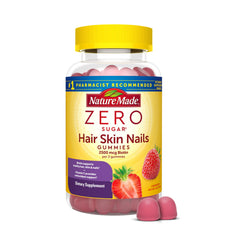 Nature Made Zero Sugar Hair Skin Nails Gummies bottle showing Biotin 2500 mcg per serving.