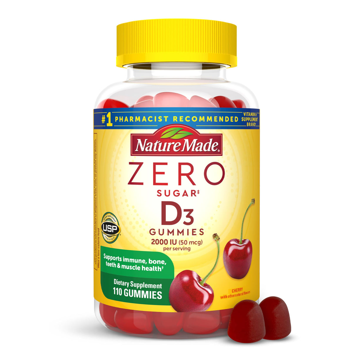 Nature Made Zero Sugar Vitamin D3 Gummies jar showing 2000 IU per serving.