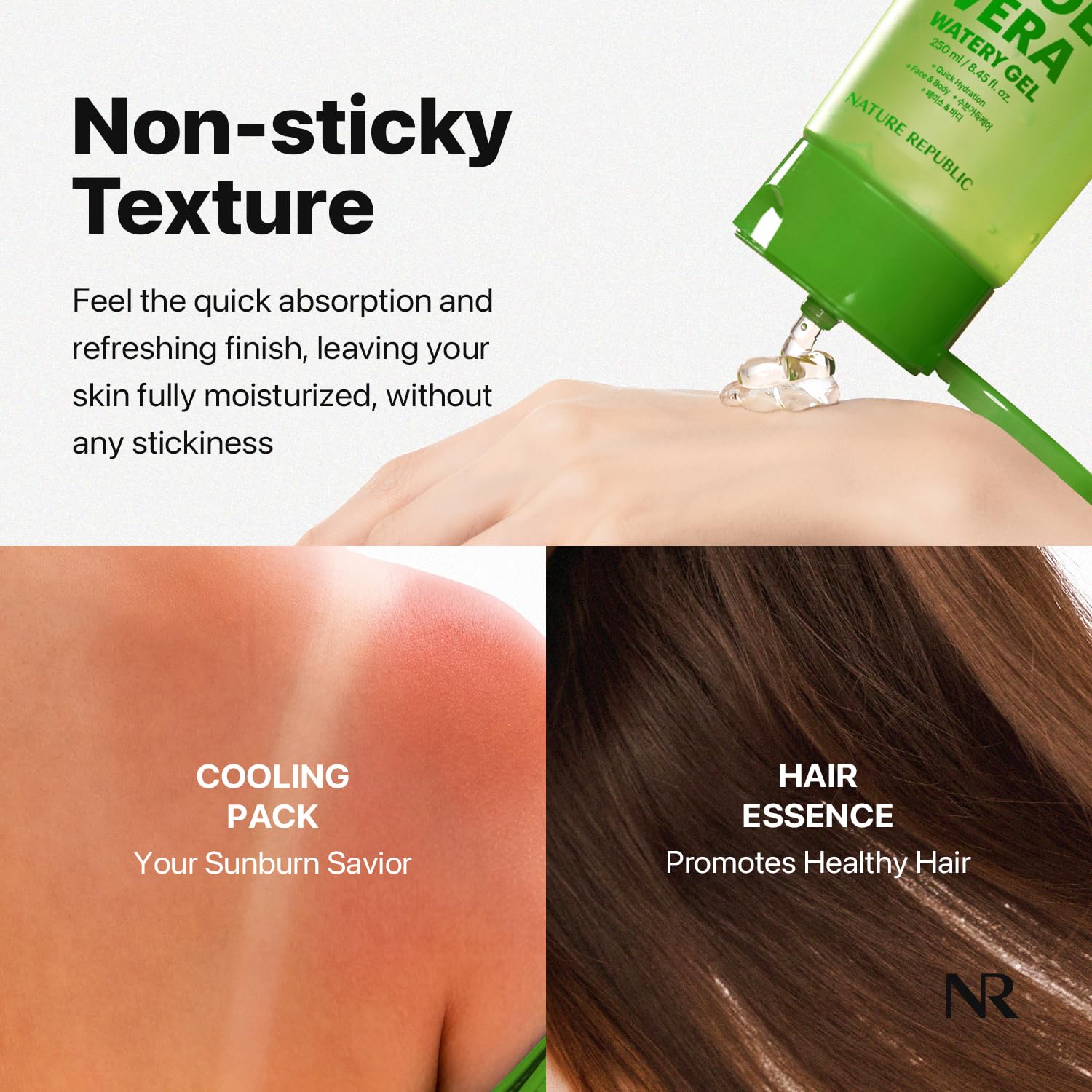 Nature Republic Aloe Vera gel applied to skin for versatile facial and body hydration