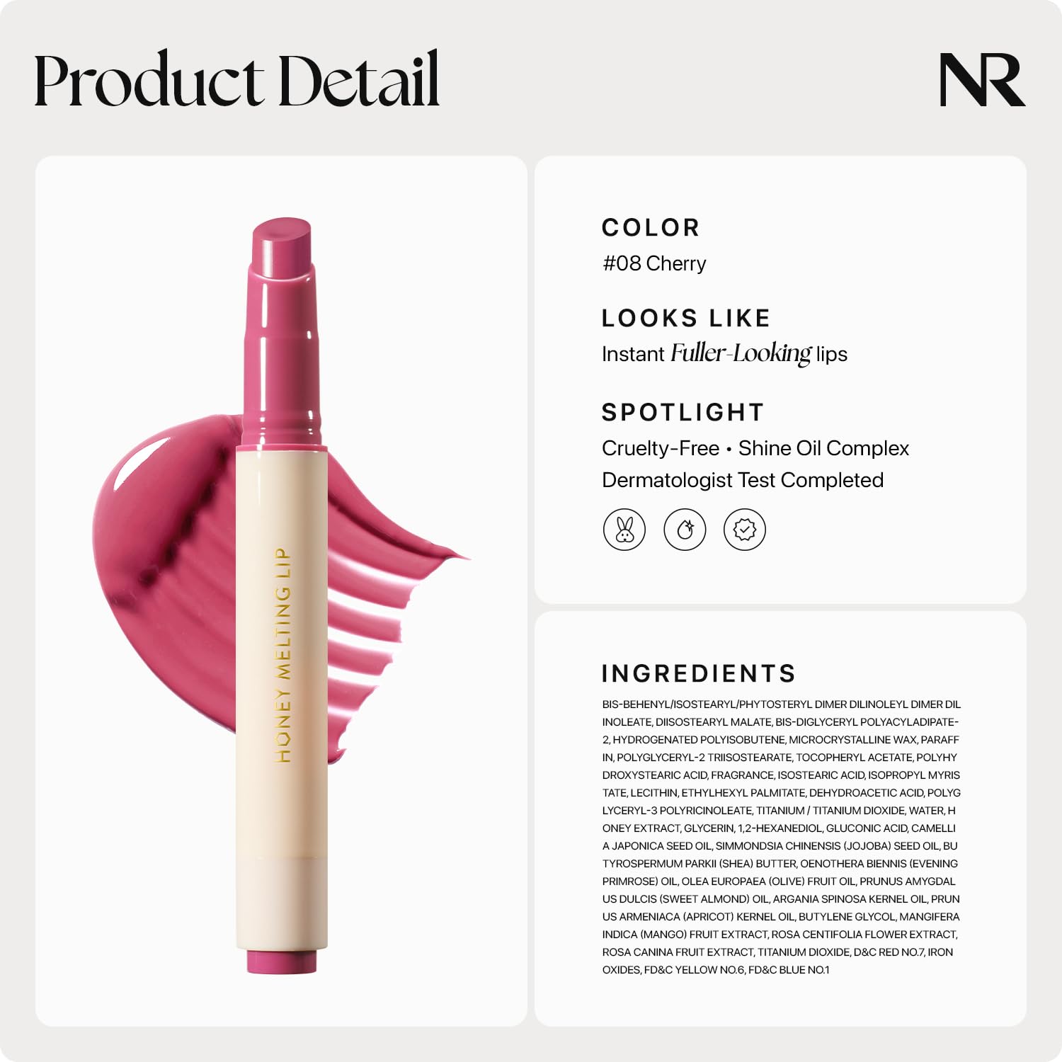Nature Republic Honey Melting Lip Stick Shine Oil Complex emphasizes hydration.