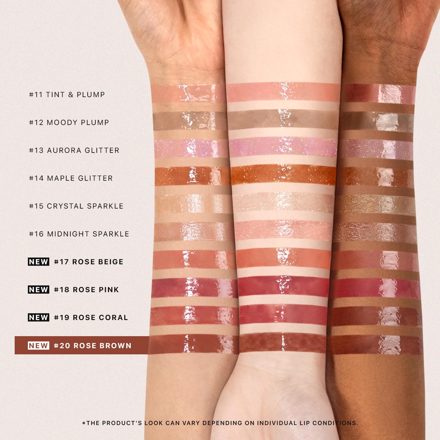 Nature Republic Honey Melting Lip Rose Brown 20 adds plumping glitter for radiant dimension.