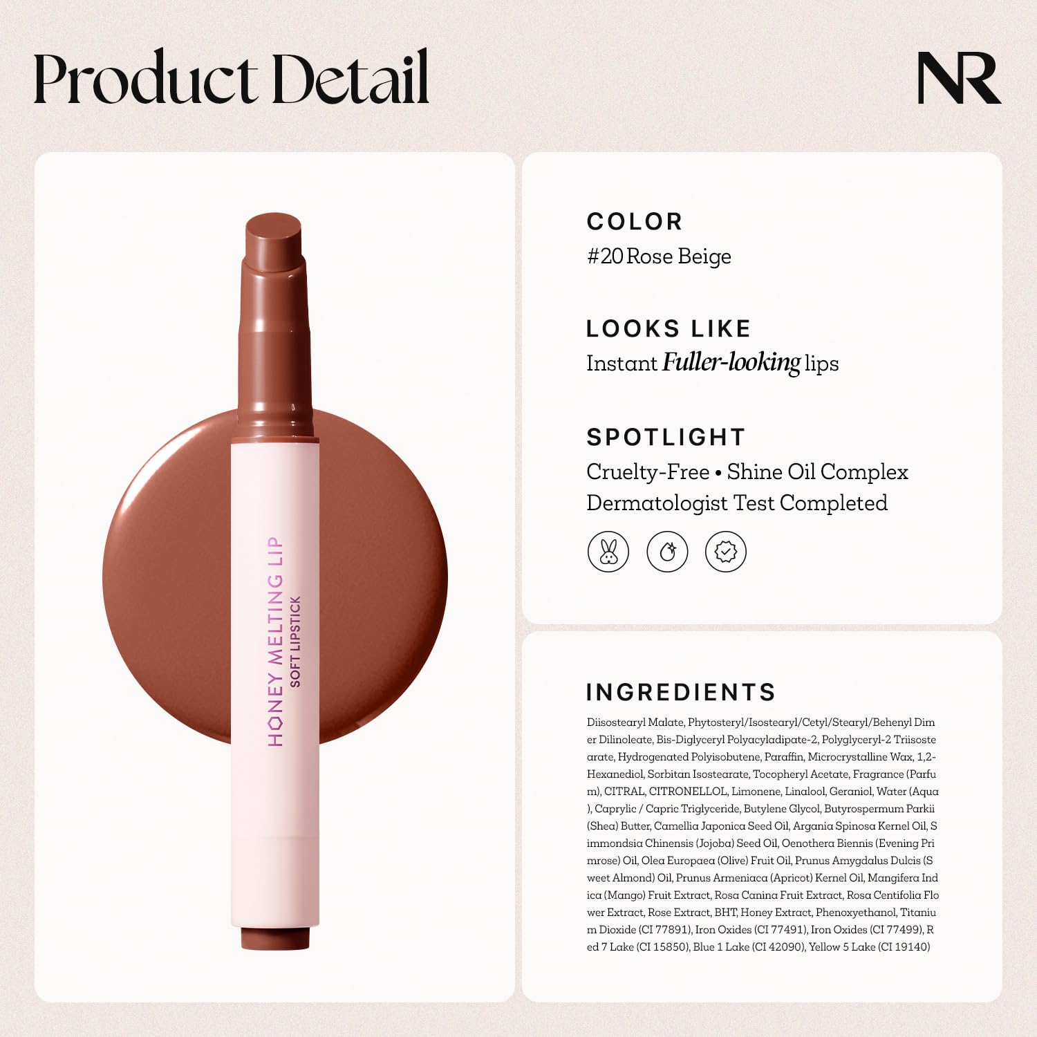 Nature Republic Honey Melting Lip Rose Brown 20 provides sheer tint with natural color.