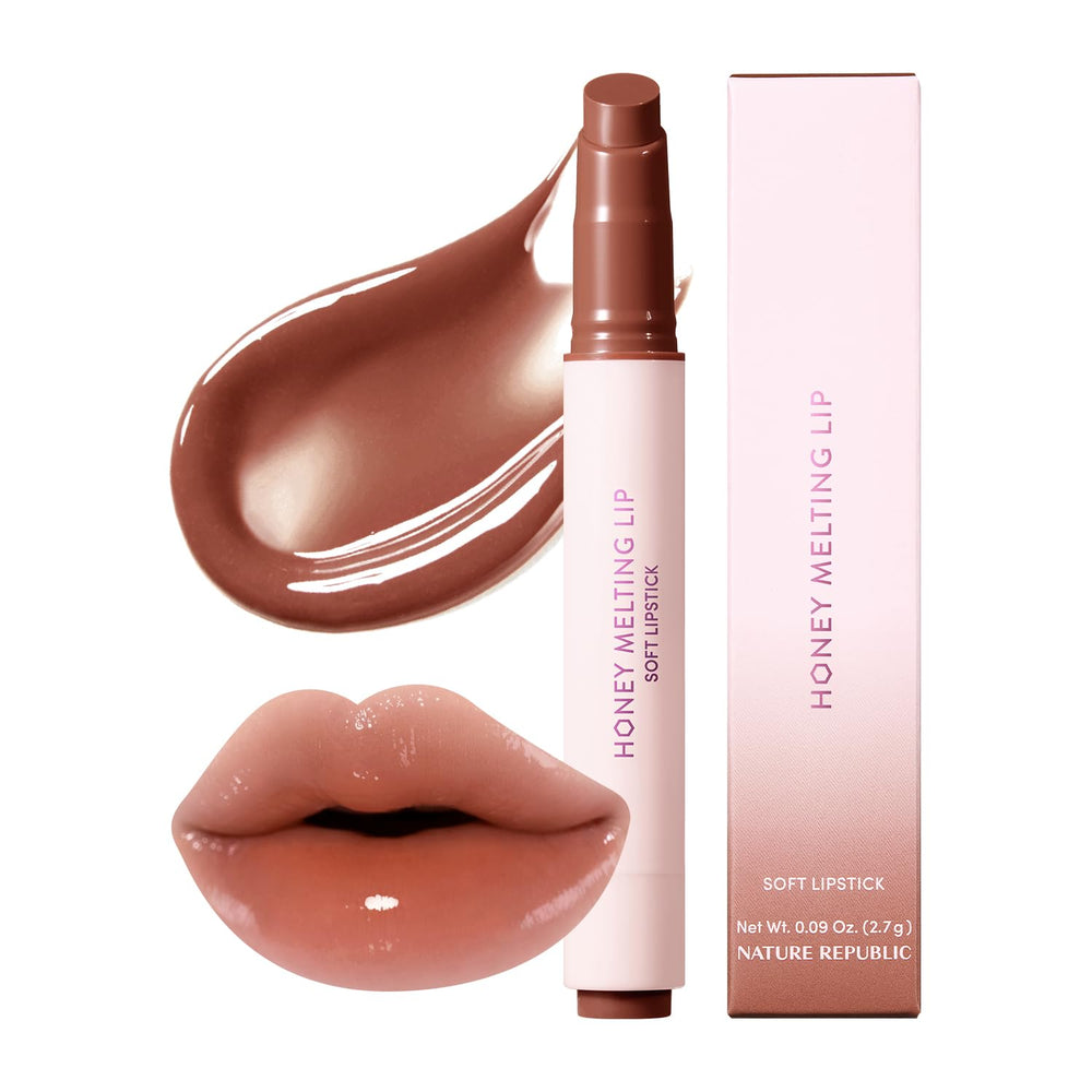 Nature Republic Honey Melting Lip Rose Brown 20 shows soft texture and glassy finish.
