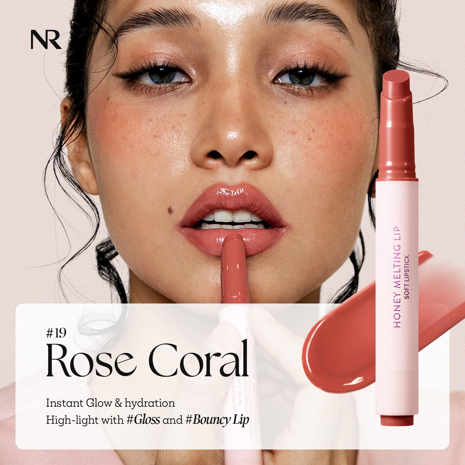 Nature Republic Honey Melting Lip Rose Coral 19 swatch showing vibrant color