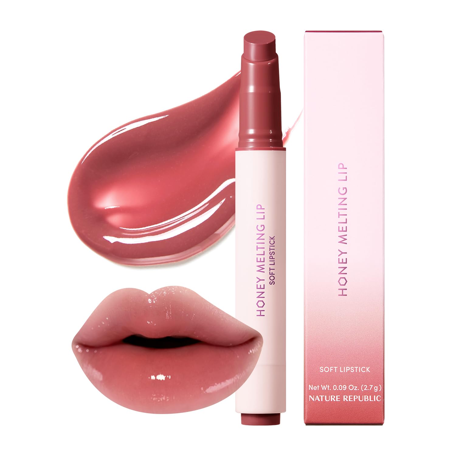 Nature Republic Honey Melting Lip Rose Pink outer pack shows creamy sheen for daily glow.