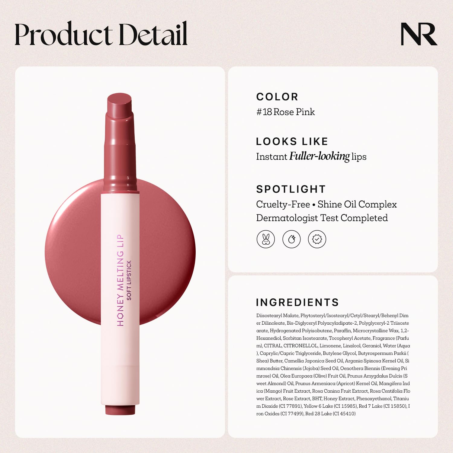Nature Republic Honey Melting Lip Rose Pink sheer tint provides natural color.