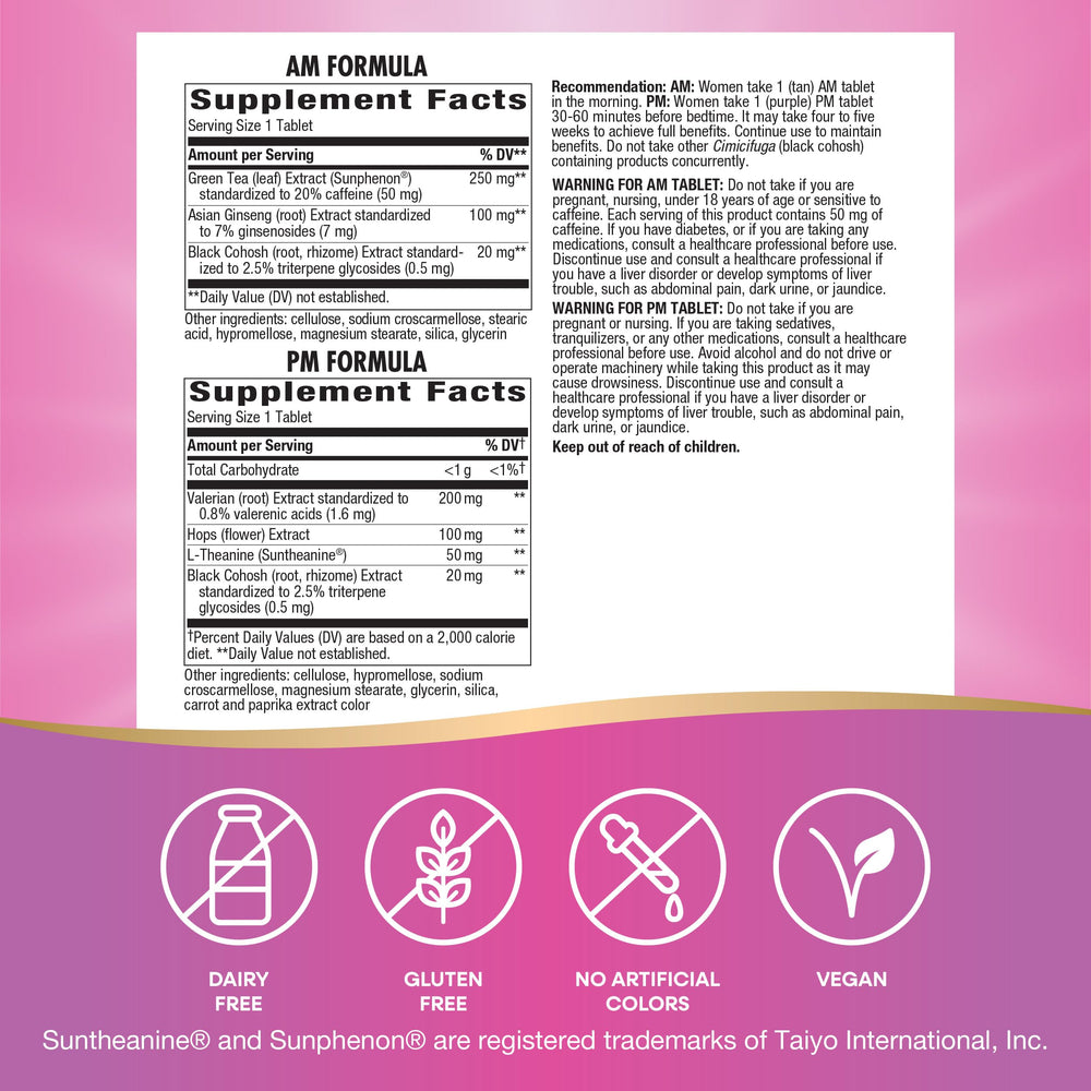 Product packaging highlights vegan and gluten-free design for Nature's Way AM/PM.