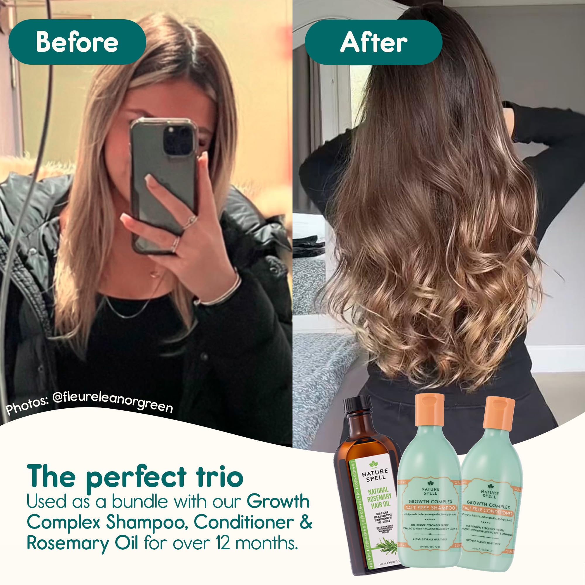 Nature Spell Hair Growth Complex Conditioner closeup showing nourished, glossy strands.