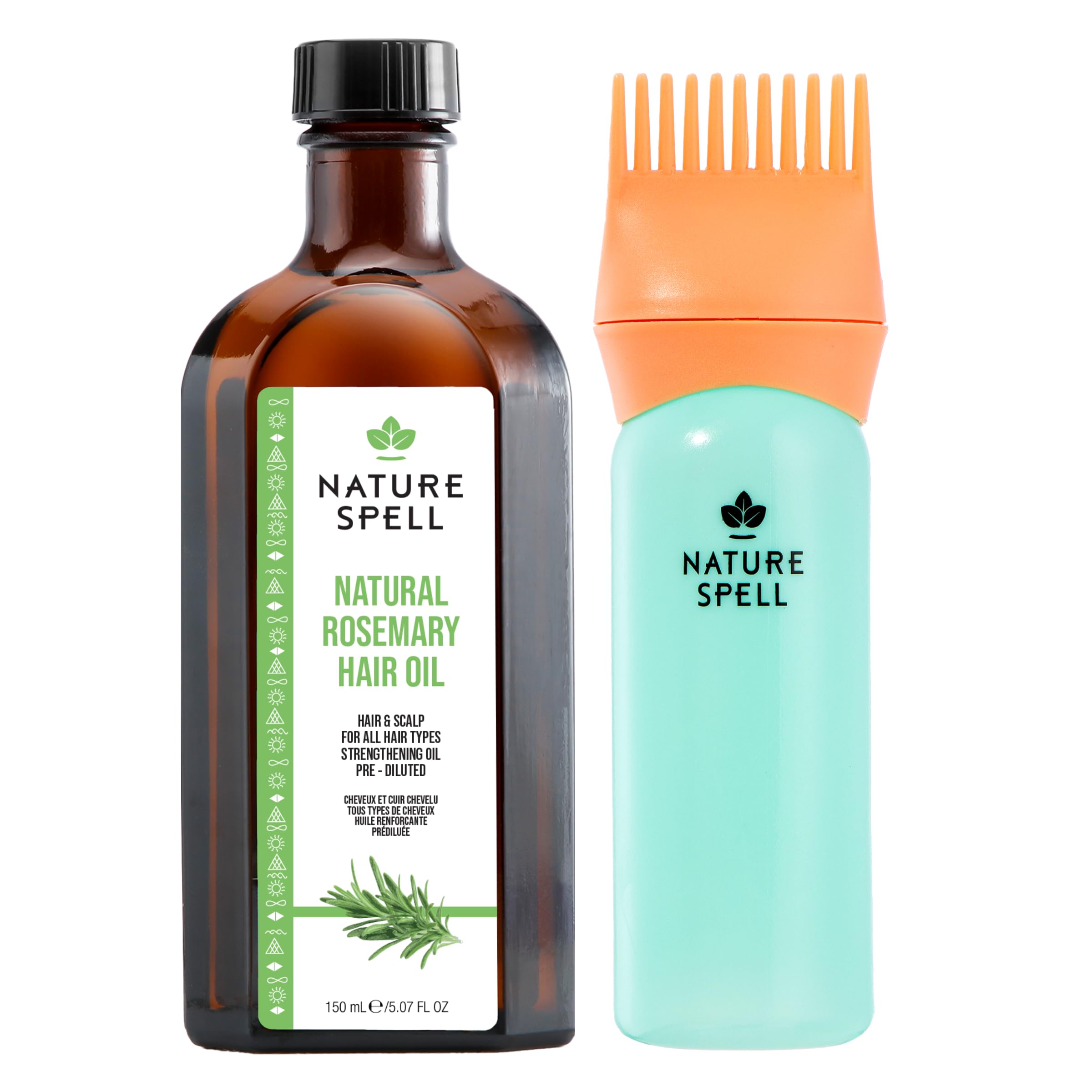 Nature Spell Rosemary Oil bottle with root comb for precise scalp care