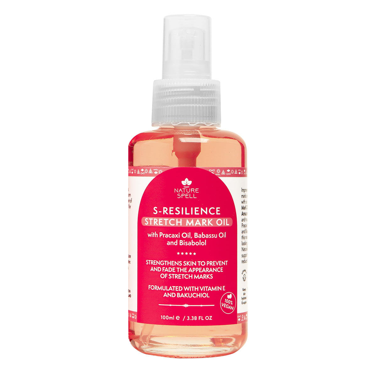 Nature Spell Stretch Mark Oil bottle close-up promotes elasticity and hydration.