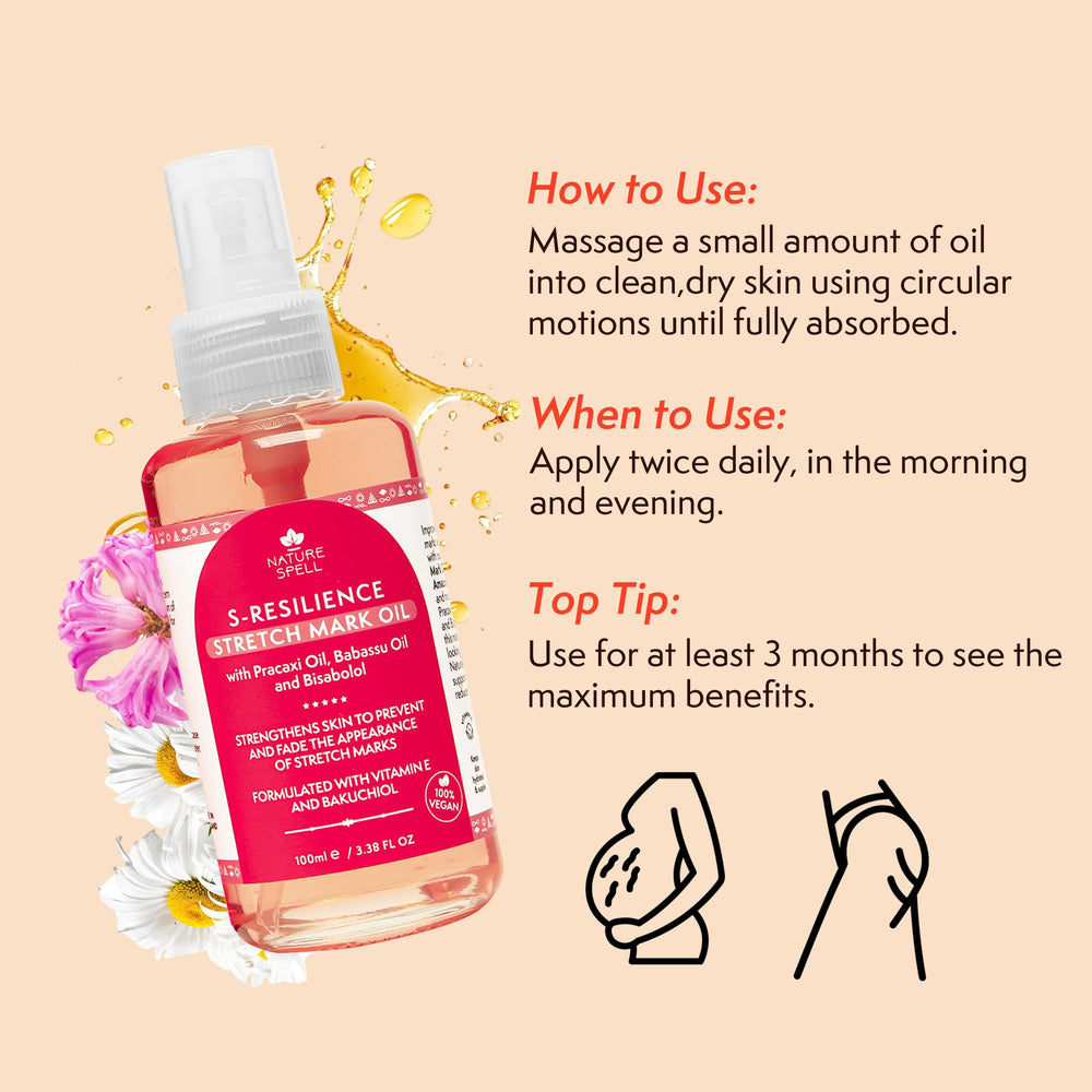 Nature Spell Stretch Mark Oil hands massage demonstrates hydrating, calming action on dry skin.