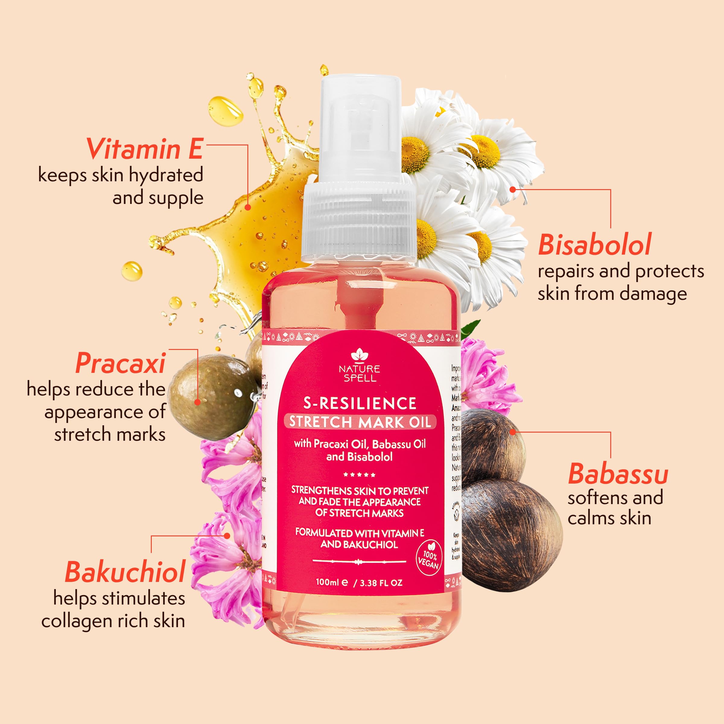 Nature Spell Stretch Mark Oil ingredients close-up highlights Pracaxi and Babassu oils.