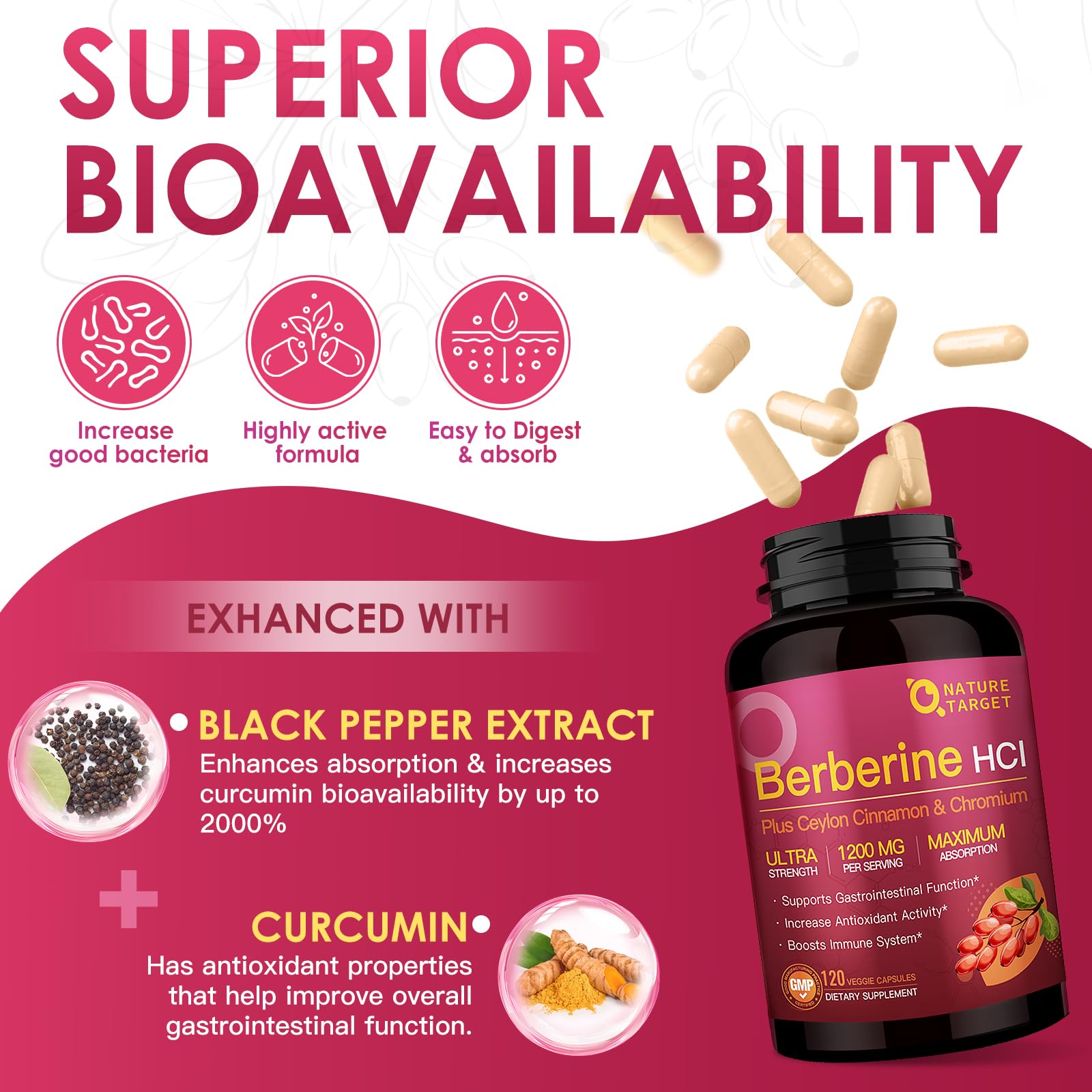 NATURE TARGET Berberine HCl capsules aligned for daily regimen and gut support