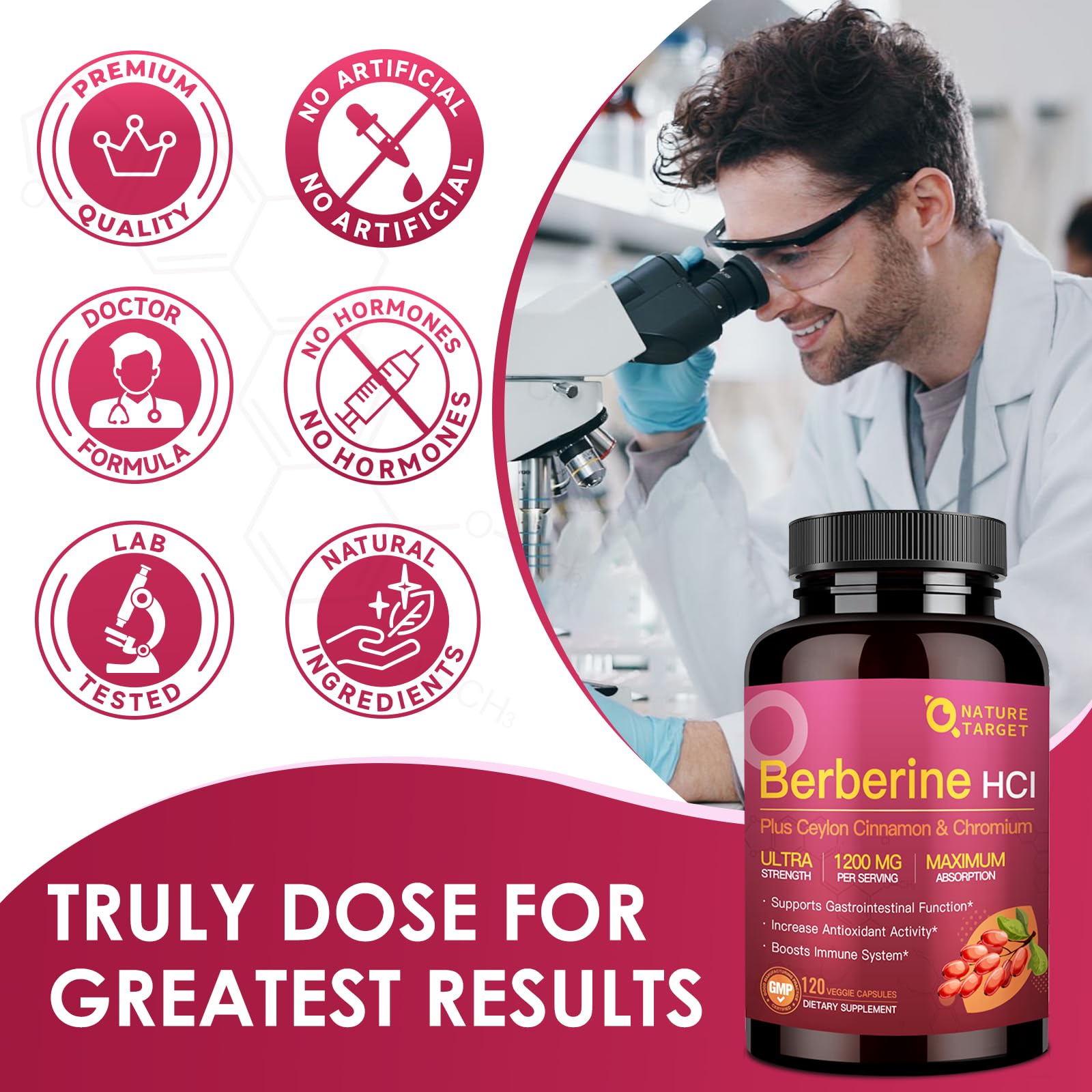 NATURE TARGET Berberine HCl packaging shown with GMP badge and non-GMO assurance