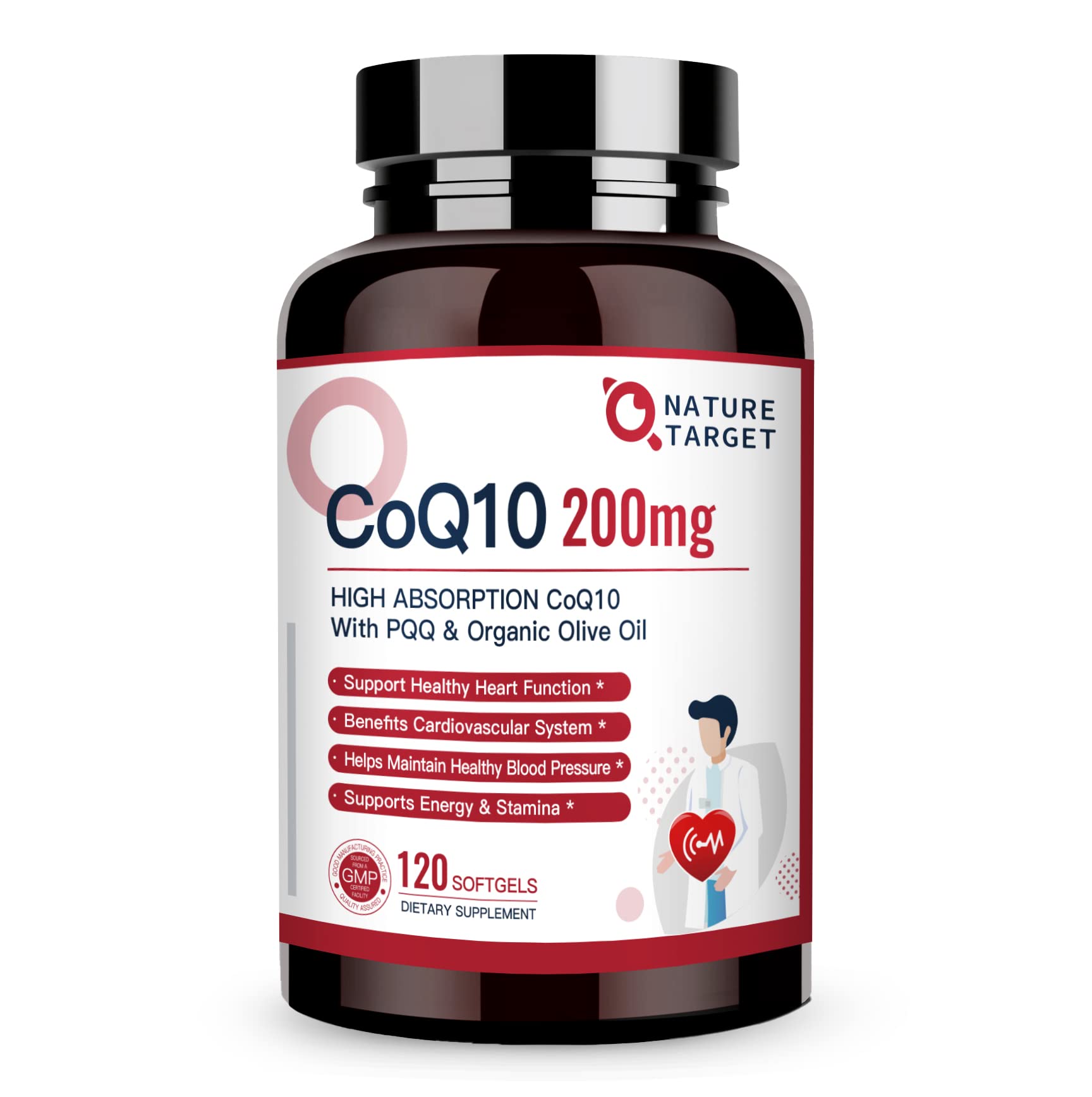 Nature Target CoQ10 200mg softgels with olive oil for enhanced absorption and heart support.