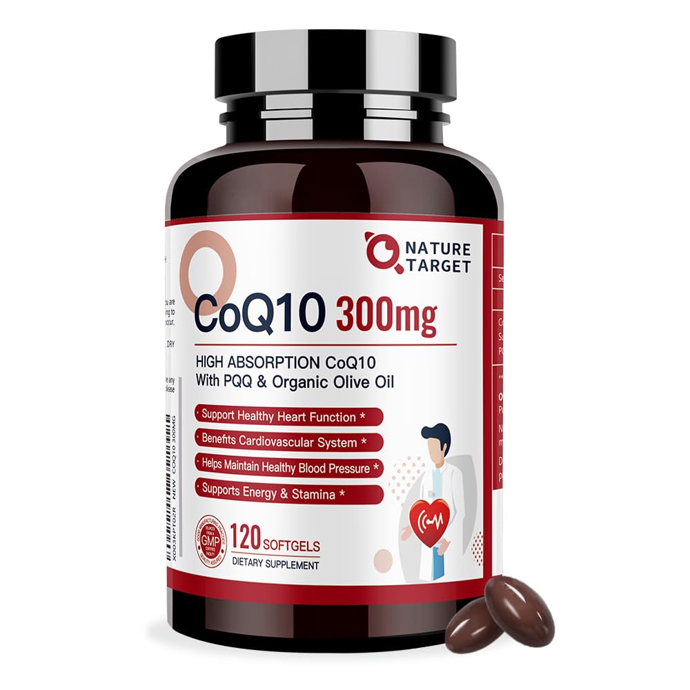 Nature Target CoQ10 300mg softgels with organic olive oil bottle for heart health support.