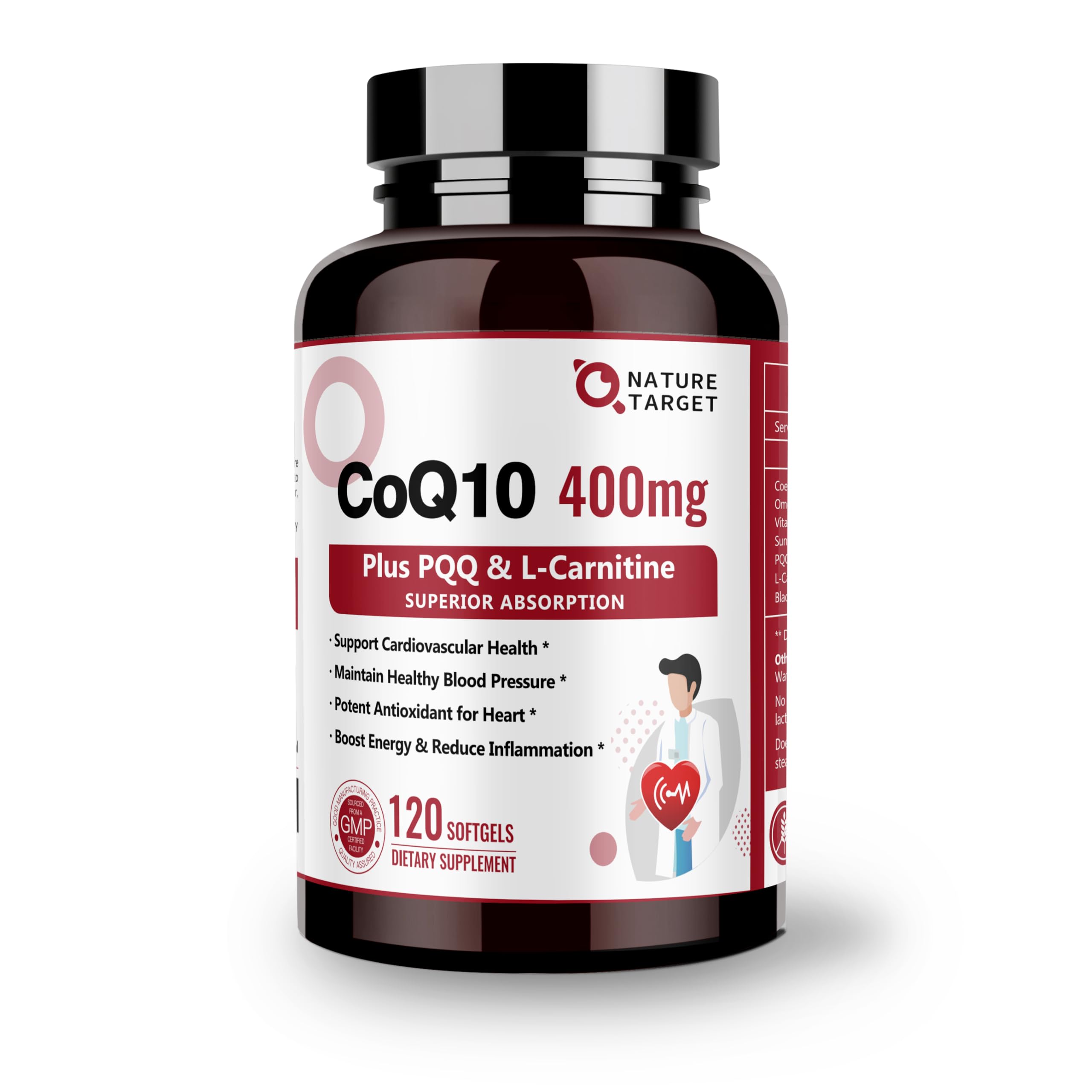 Nature Target CoQ10 bottle shows 400 mg strength and omega-3s for heart support.
