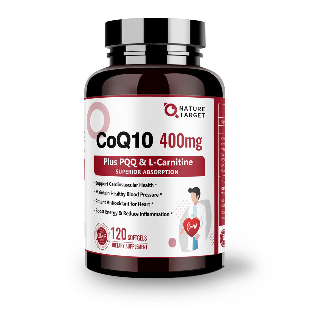 Nature Target CoQ10 bottle shows 400 mg strength and omega-3s for heart support.