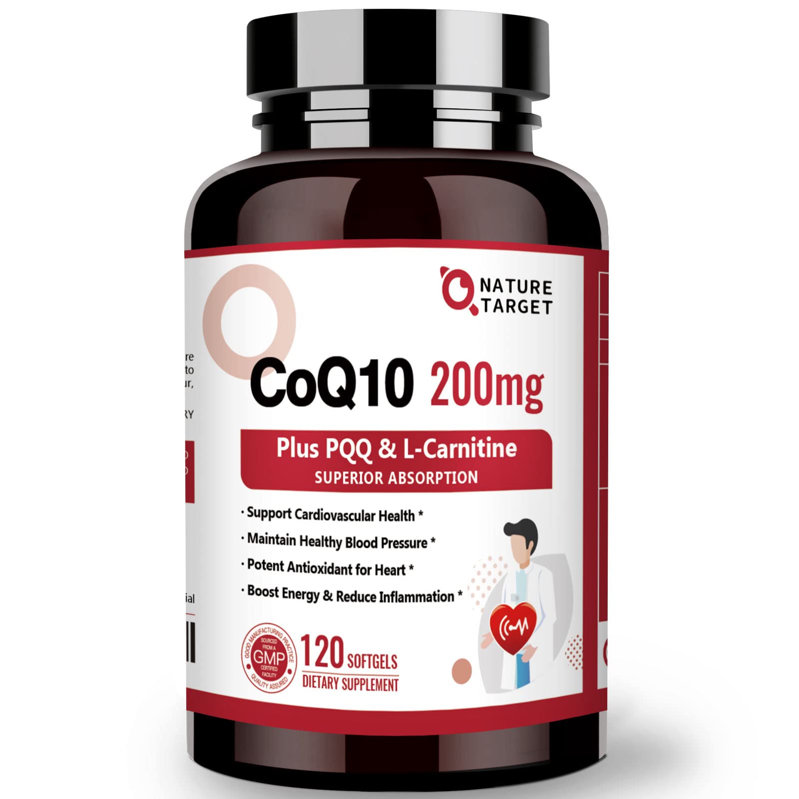 Nature Target CoQ10 bottle front with high-absorption capsules for energy support.