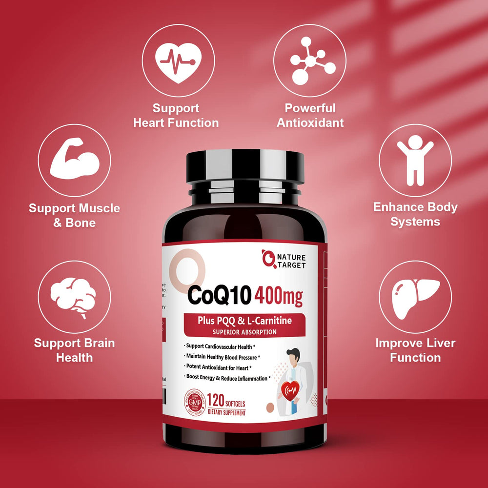 Nature Target CoQ10 packaging displays a 120-count bottle for long-term use.