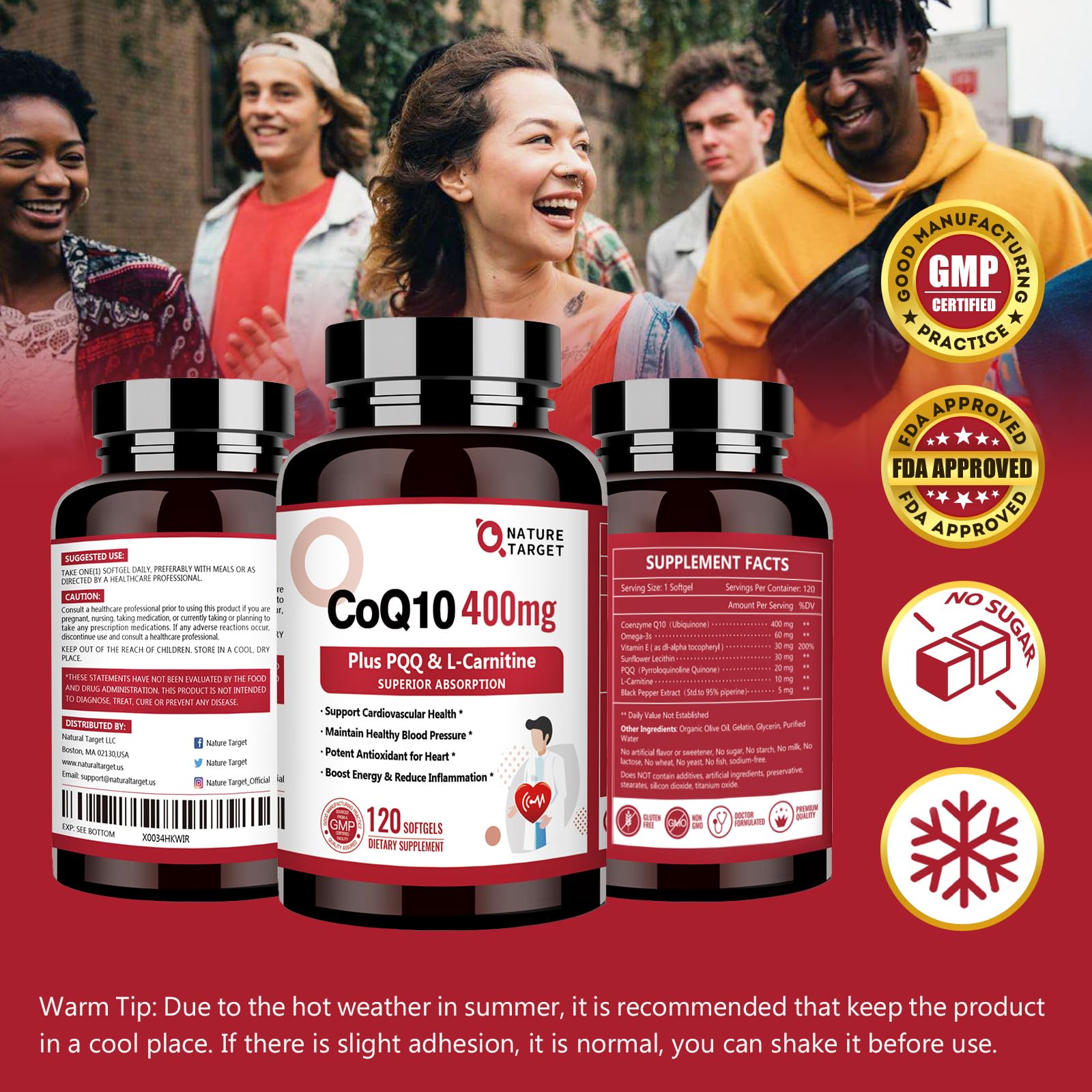 Nature Target CoQ10 pre-workout use shown for energy support.