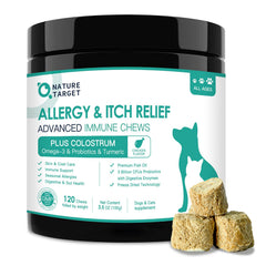 Nature Target dog allergy relief chews in bottle for easy daily feeding