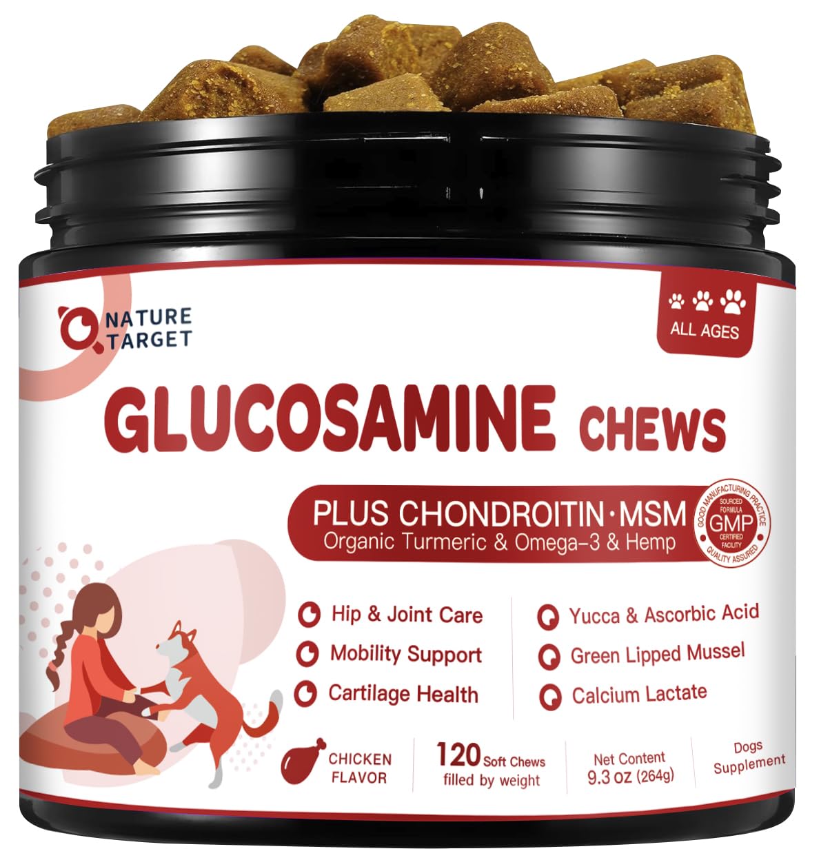 Nature Target dog joint chews bottle shows tasty formula designed for smoother movement.