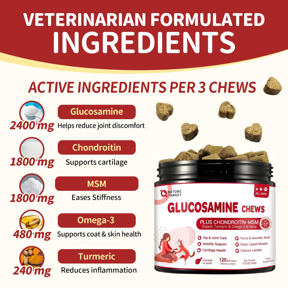 Nature Target dog joint chews with daily dosing helps gentle mobility.