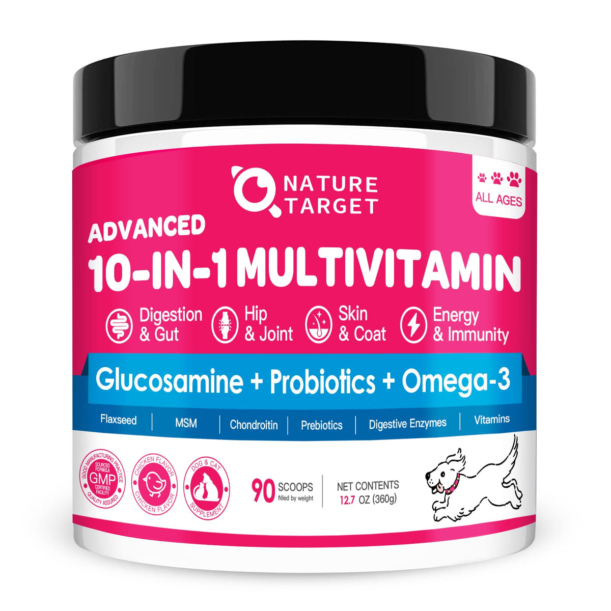 Nature Target dog vitamins powder blends 10-in-1 mix with tasty chicken flavor for daily support