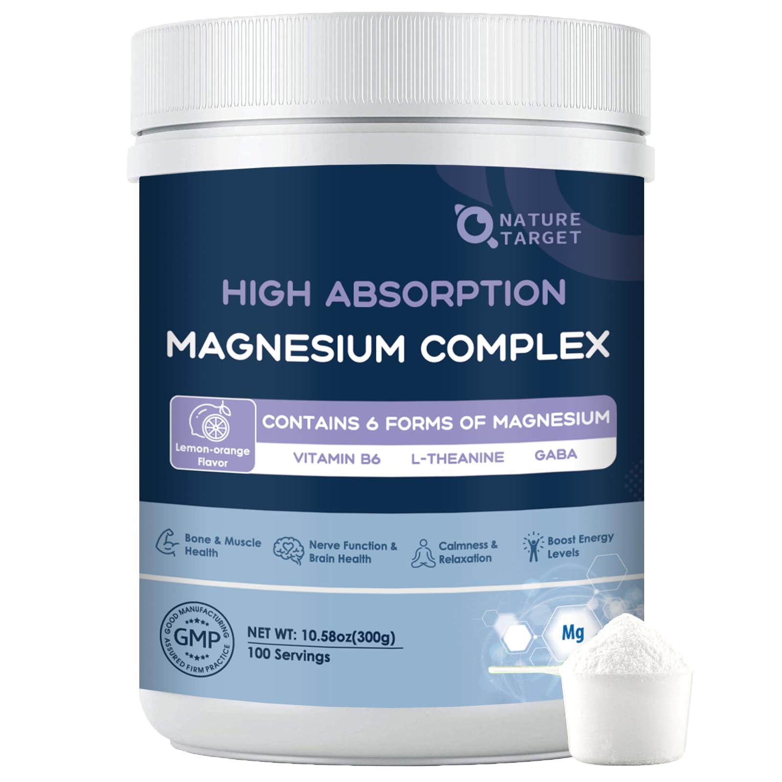 Nature Target Magnesium Powder bottle front view highlighting Lemon Orange flavor for daily wellness