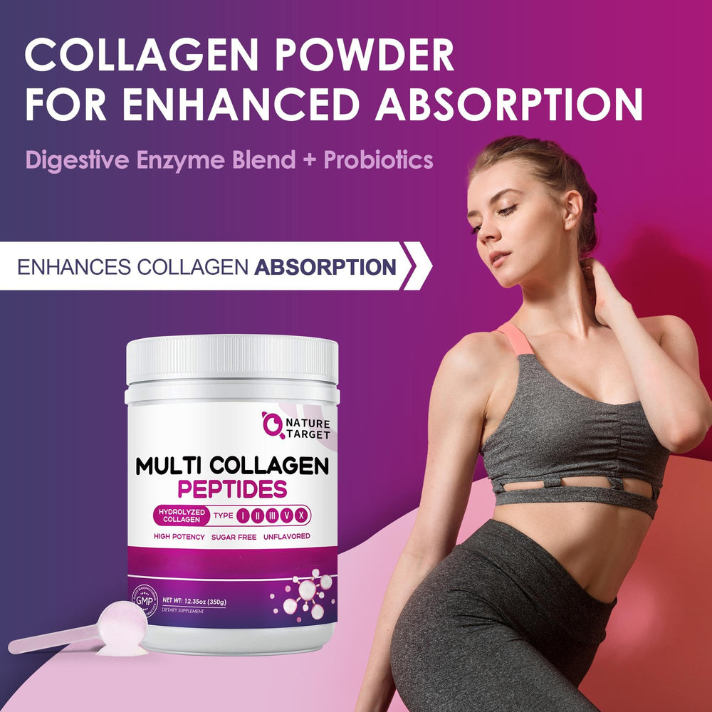 Nature Target Multi Collagen bottle showing vitamin C and hyaluronic acid