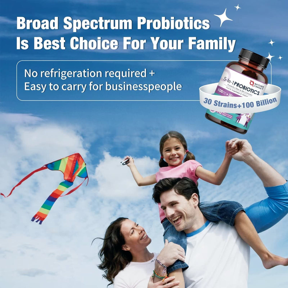 Nature Target Probiotics 45 days supply label on bottle, convenient long-term support.