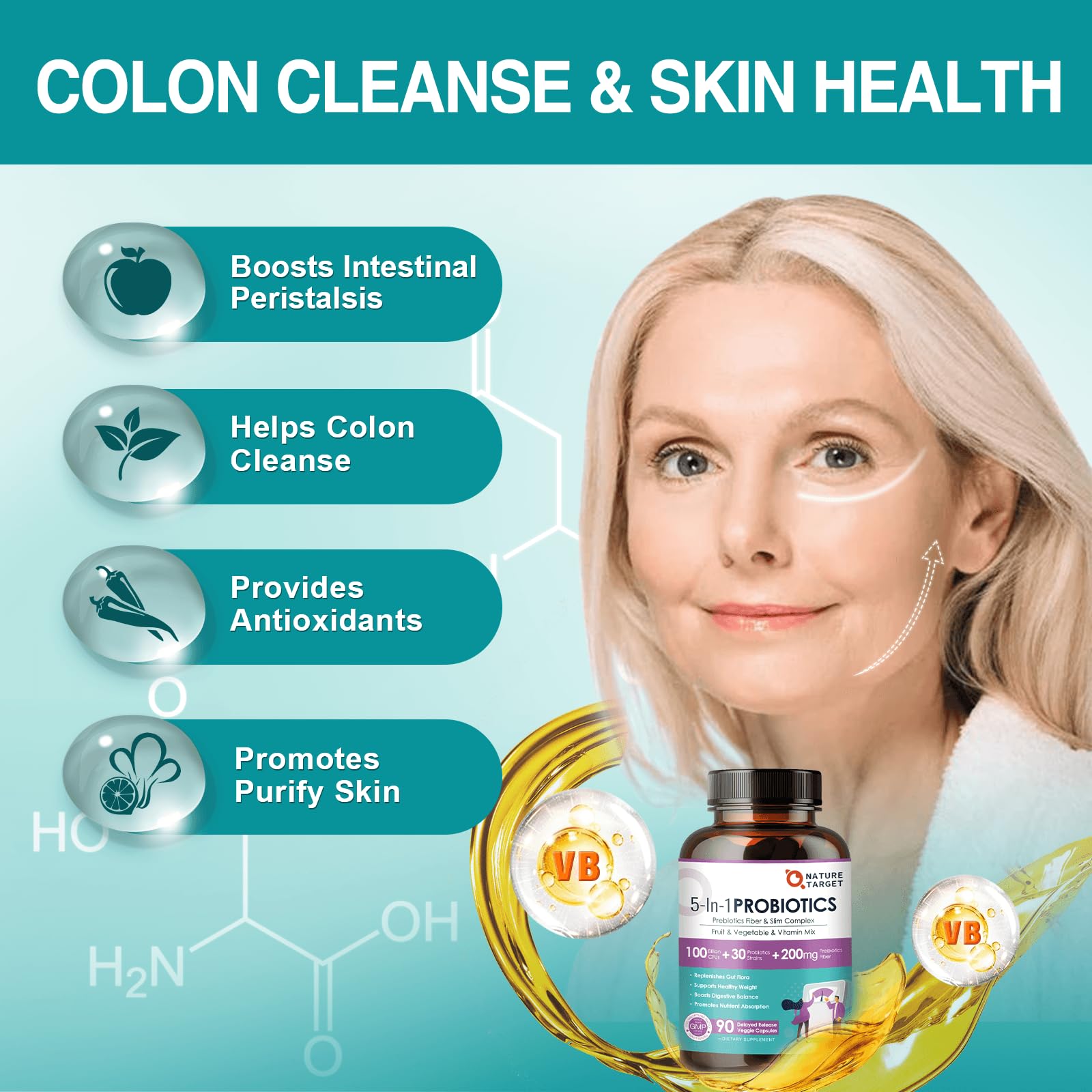 Nature Target Probiotics enteric coating ensures stomach acid resilience.