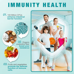 Nature Target Probiotics with fruit and vegetable complex infographic supporting nutrient absorption.