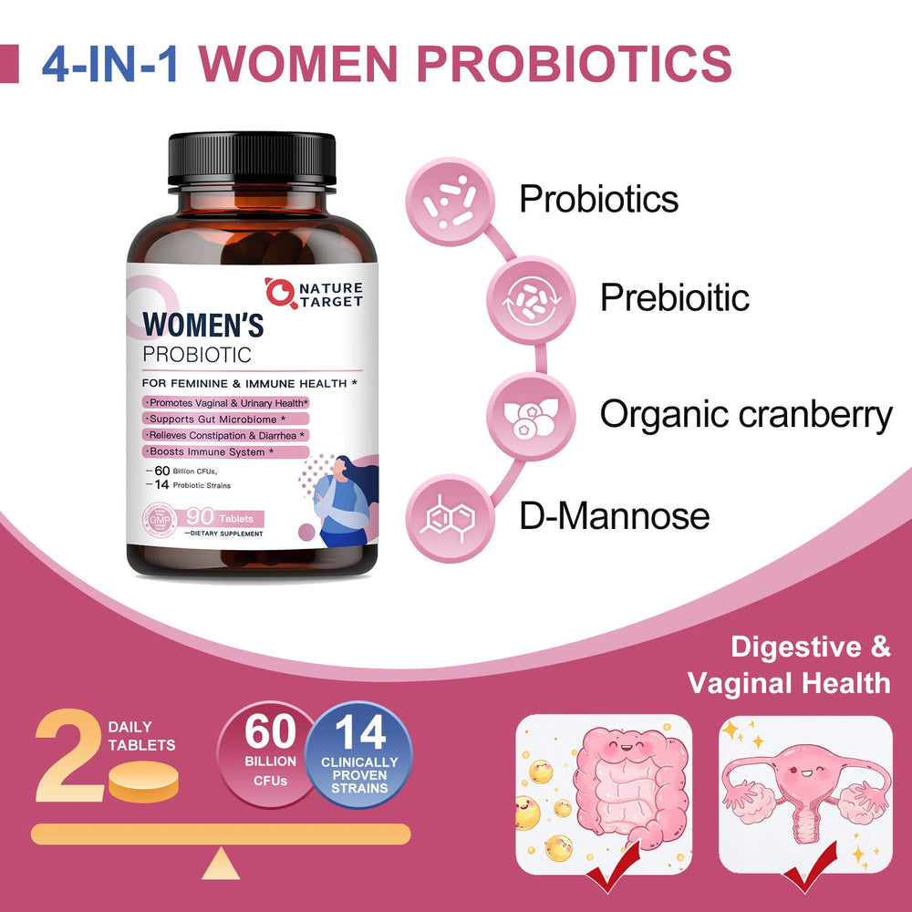 Bottle with label highlighting cranberry and D-mannose for urinary and vaginal health