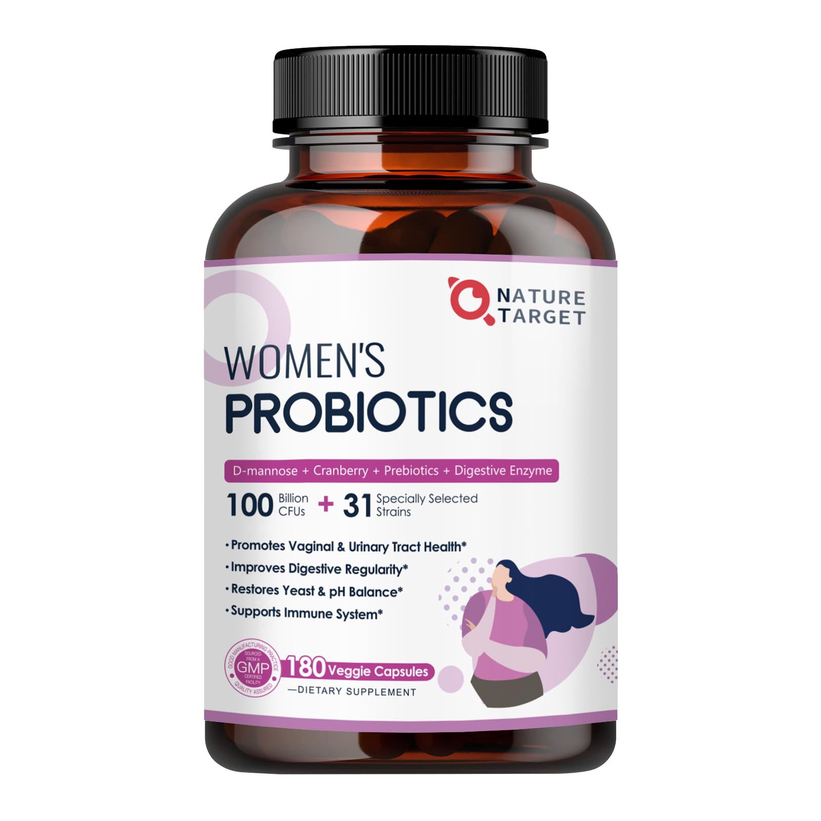 Nature Target Probiotics for Women bottle showcases 180 capsules for daily gut support.