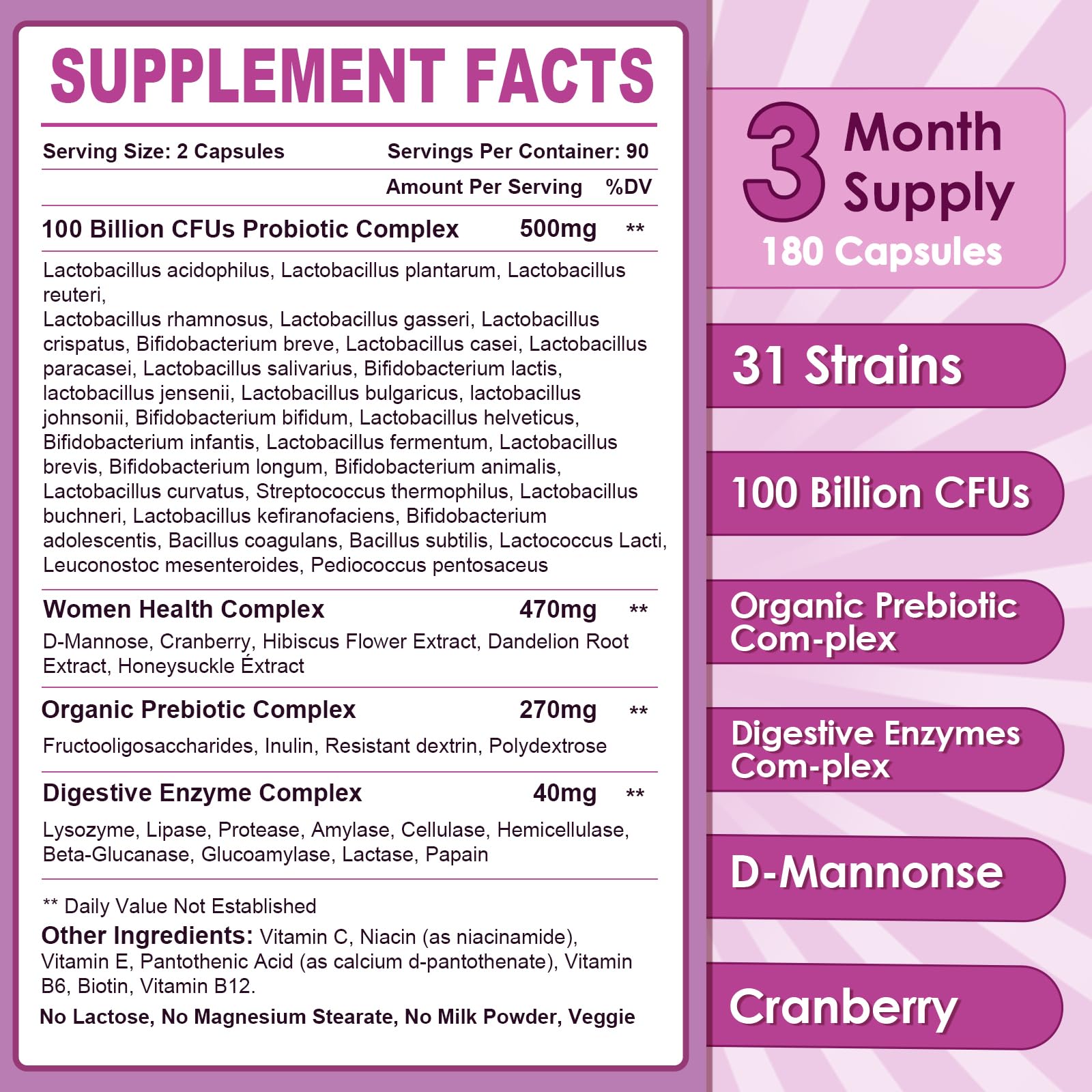 Nature Target probiotics capsules next to dosage chart imply adjustable servings.