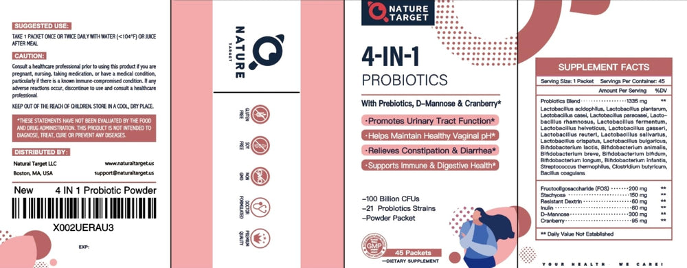 Nature Target Probiotics for Women packaging close-up shows non-GMO and allergen-free.