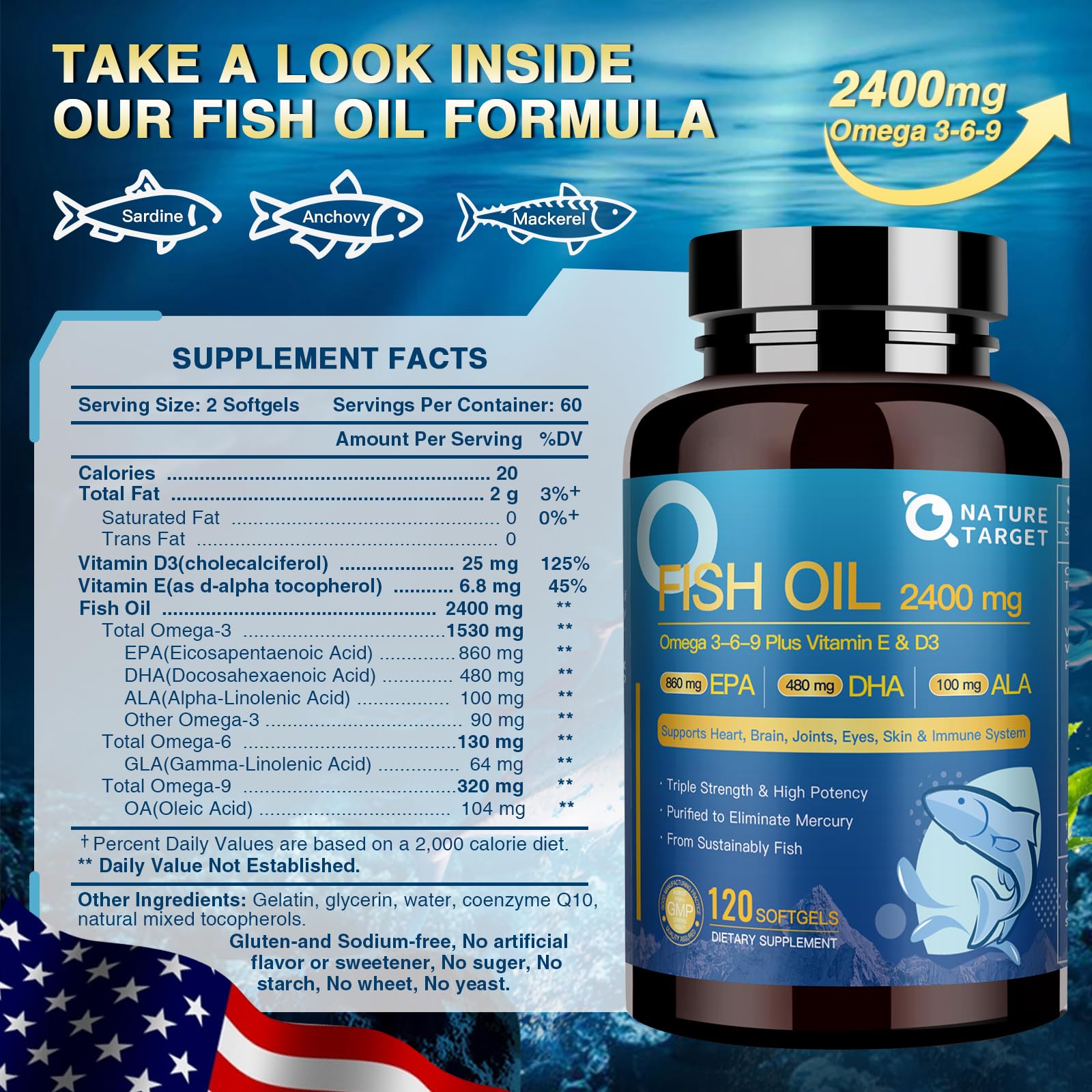 Nature Target Triple Omega bottle back with ingredient details and dosage guidance.
