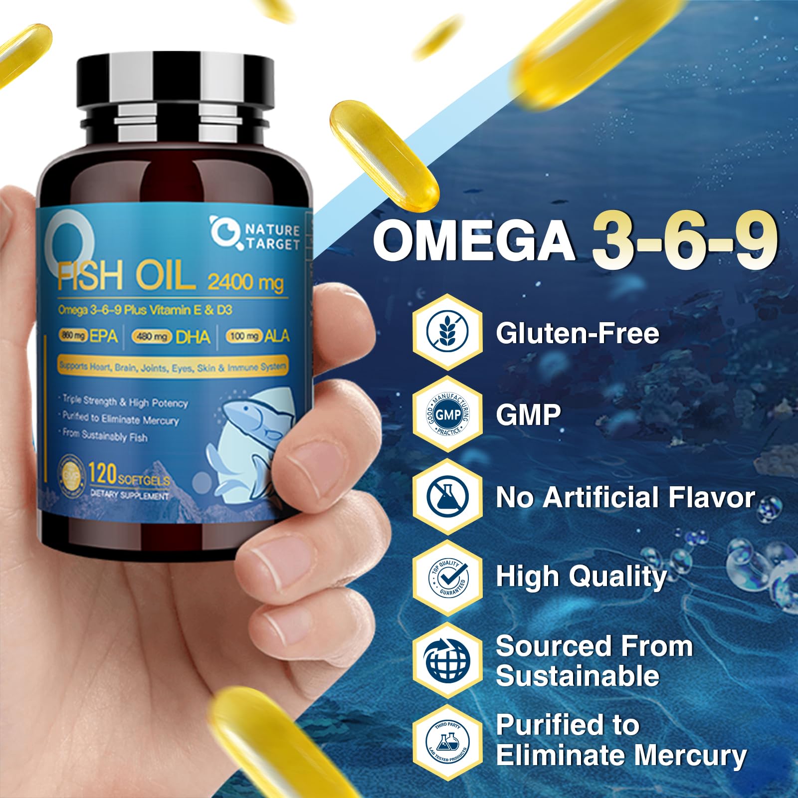 Nature Target Triple Omega ingredients label, non-GMO and dairy-free formulation.